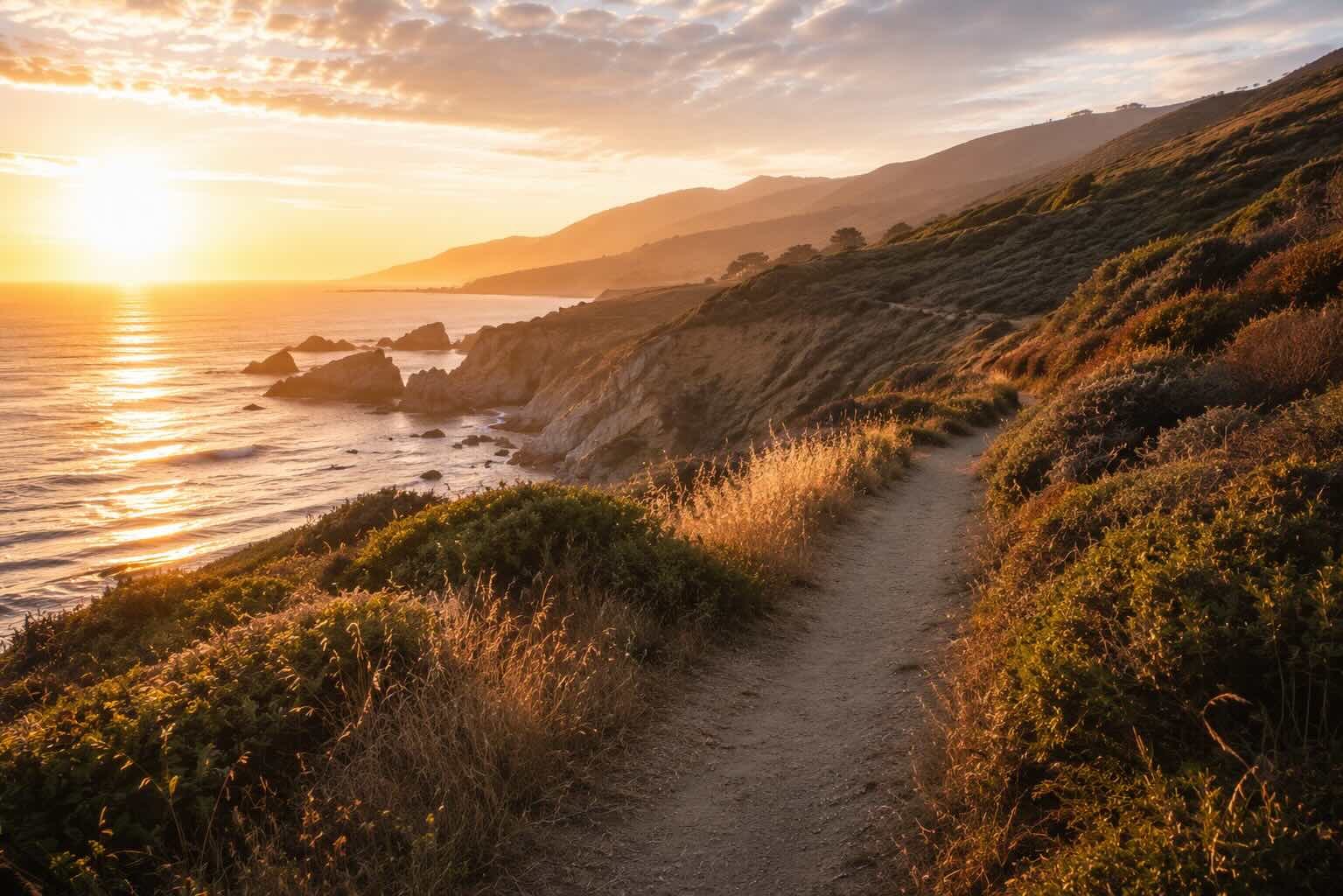 A quiet coastal trail at golden hour