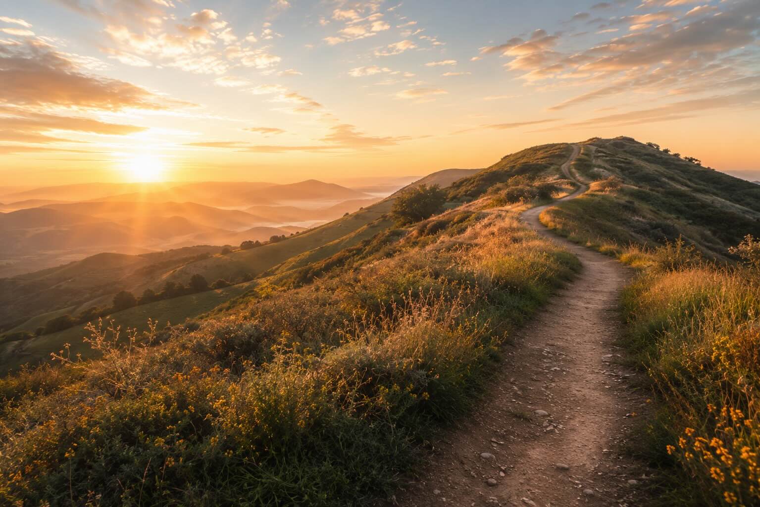 A winding trail cresting a California hillside at sunrise