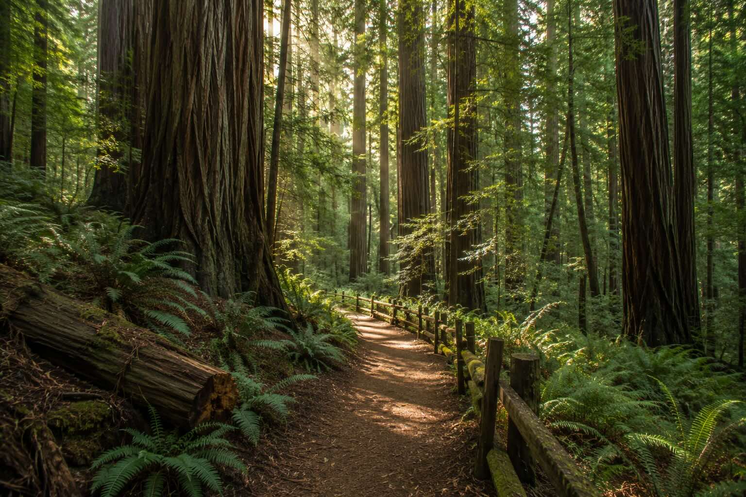 A peaceful forest trail with soft dappled light