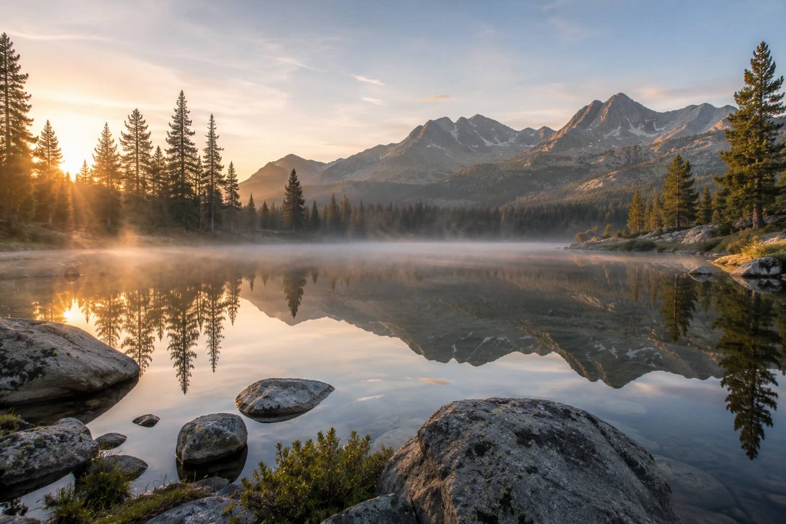 A calm mountain lake at dawn