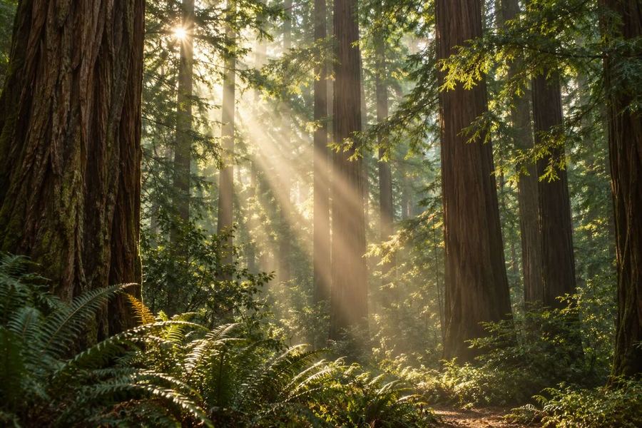 Sunlight filtering through a redwood forest