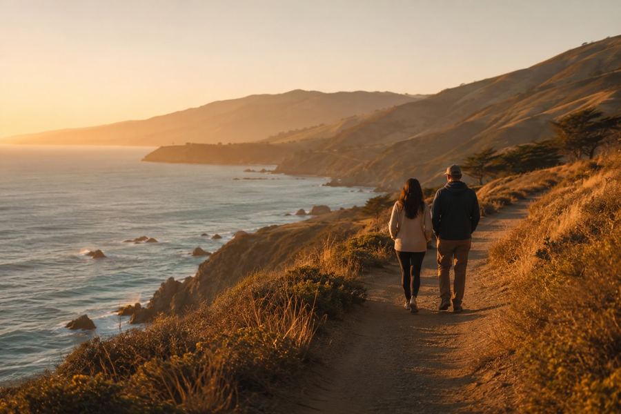 Two people walking together on a California coastal trail